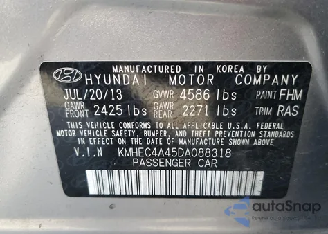 2013 Hyundai Sonata Hybrid from USA, damaged, VIN KMHEC4A45DA088318